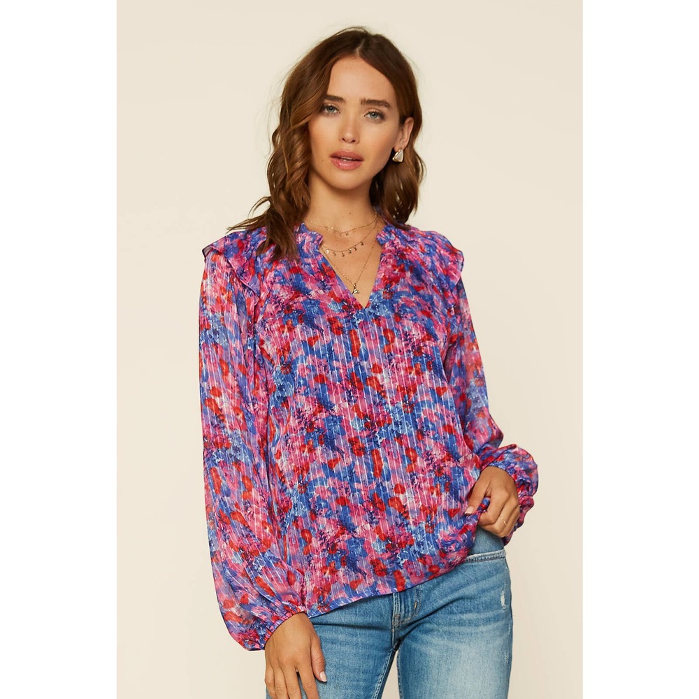 Skies Are Blue Womens Blouse Top Size Small Blue/Red Floral Smocked Woven Ruffle